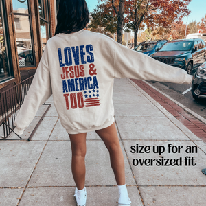 Loves Jesus & America Too FRONT & BACK On Sand/Natural